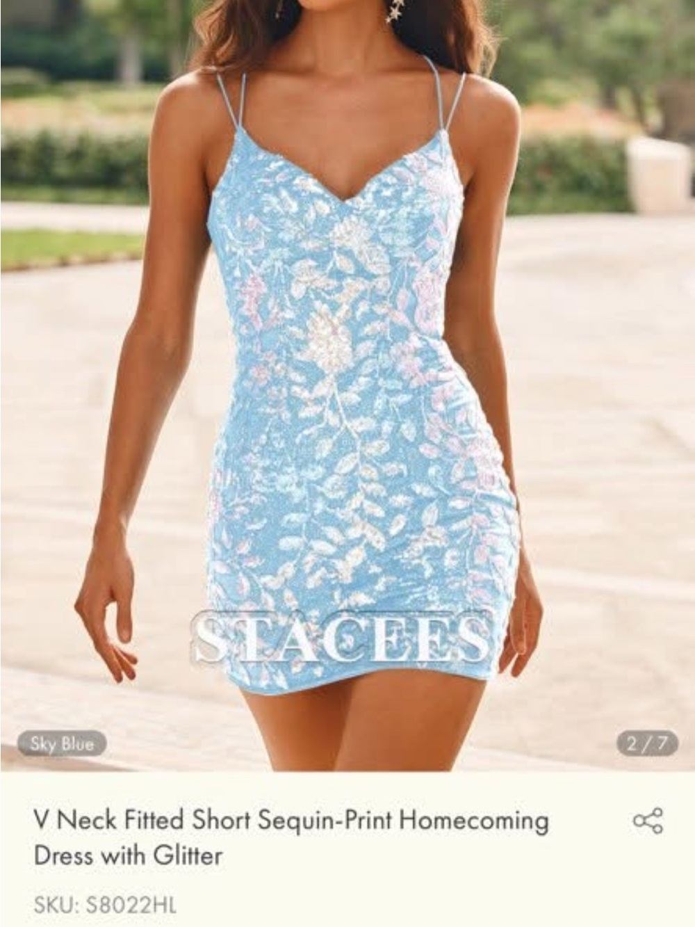 Sky Blue Sequin V-Neck Spaghetti Strap Mini Dress